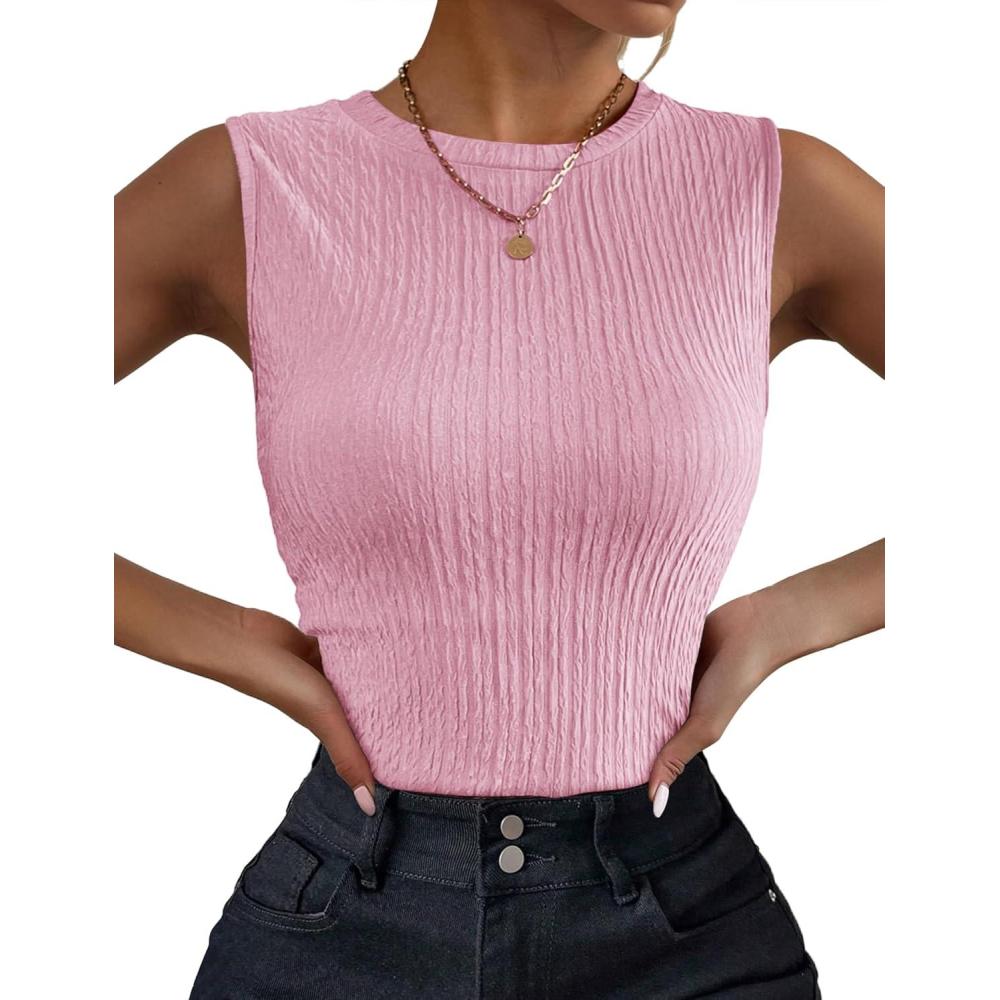 imageZeagoo Womens High Neck Tank Top 2026 Summer Casual Ribbed Knit Slim Fitted Basic Textured Sleeveless ShirtsLight Pink