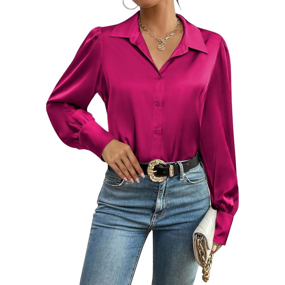 imageZeagoo Womens Satin Blouse Lantern Long Sleeve Silk Button Down Shirt Dressy Casual Business Work Tunic TopsHot Pink