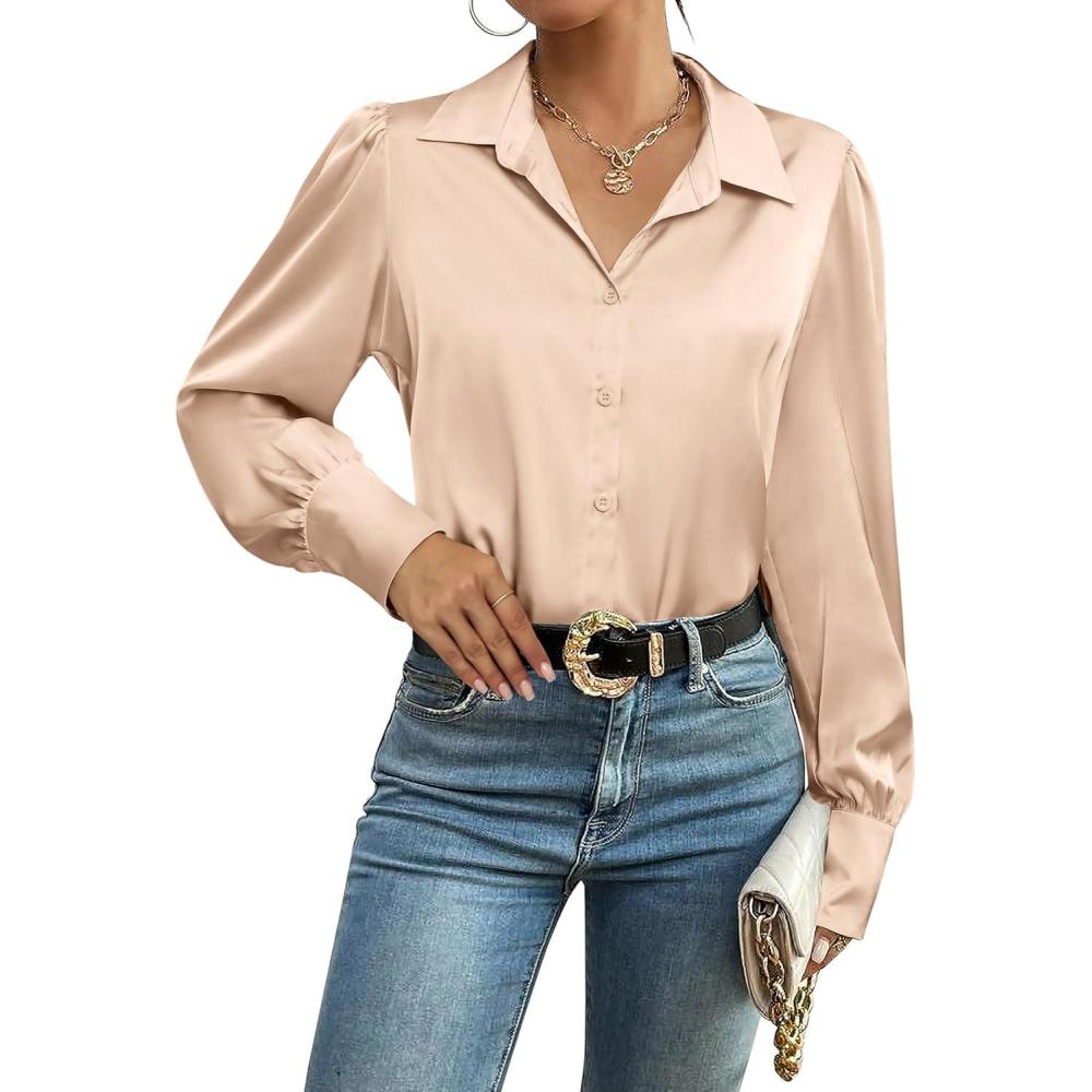 imageZeagoo Womens Satin Blouse Lantern Long Sleeve Silk Button Down Shirt Dressy Casual Business Work Tunic TopsLight Khaki