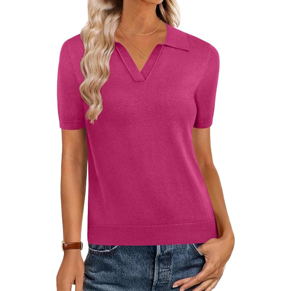 imageZeagoo Womens Short Sleeve Polo Sweater V Neck Knitted Spring Casual Work Tops Loose Pullover ShirtHot Pink