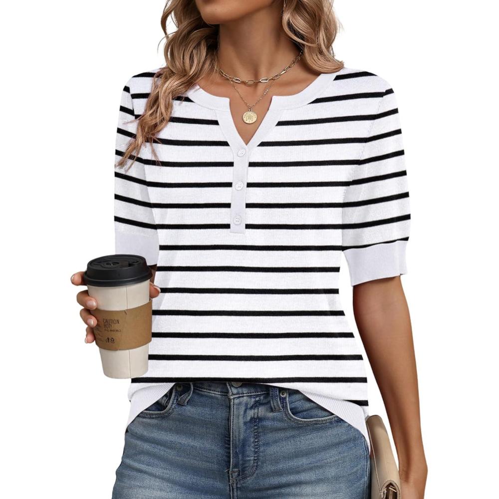 imageZeagoo Womens Short Sleeve Sweater 2026 Spring Summer Tops Lightweight Casual V Neck Sweaters Dressy Work Blouses ClothesA Blackwhite Stripe
