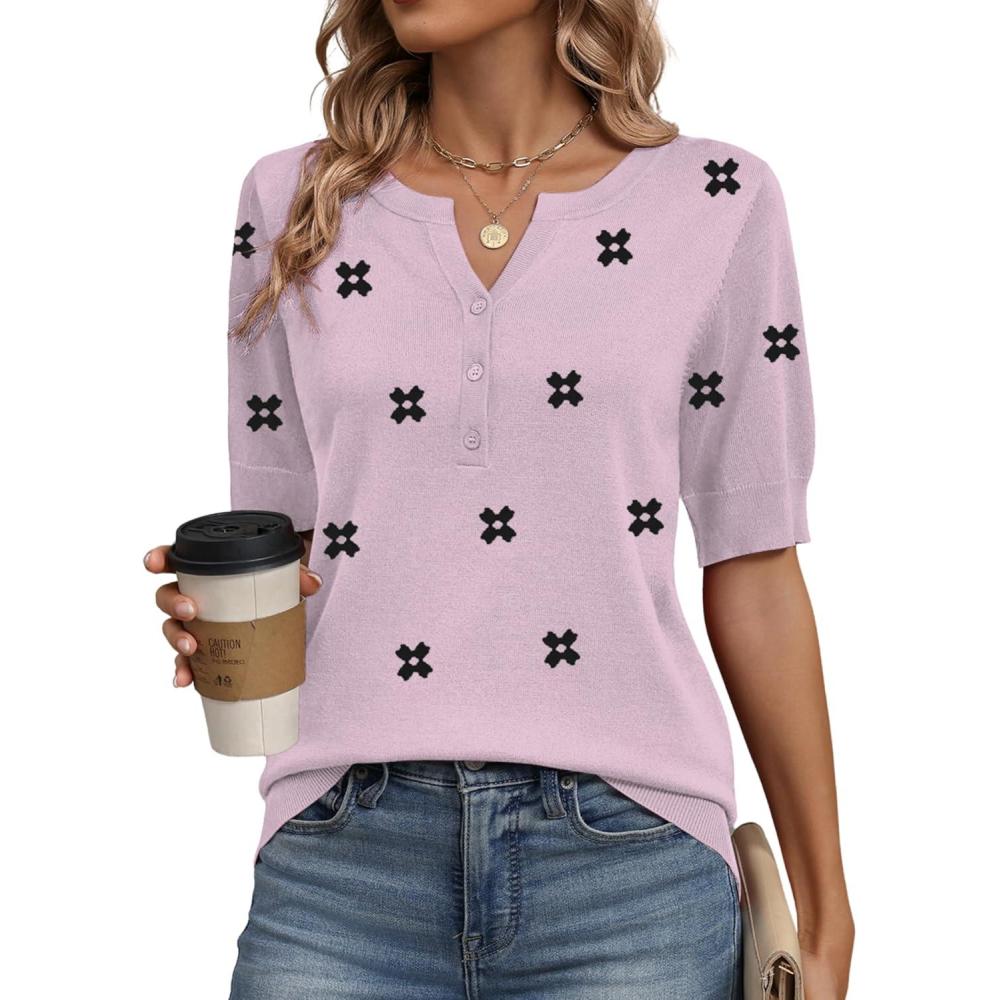imageZeagoo Womens Short Sleeve Sweater 2026 Spring Summer Tops Lightweight Casual V Neck Sweaters Dressy Work Blouses ClothesA Floral Jh455