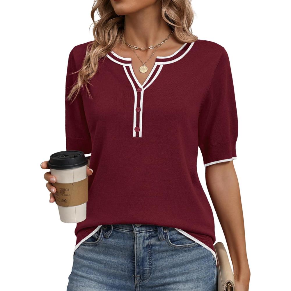 imageZeagoo Womens Short Sleeve Sweater 2026 Spring Summer Tops Lightweight Casual V Neck Sweaters Dressy Work Blouses ClothesA Redwhite
