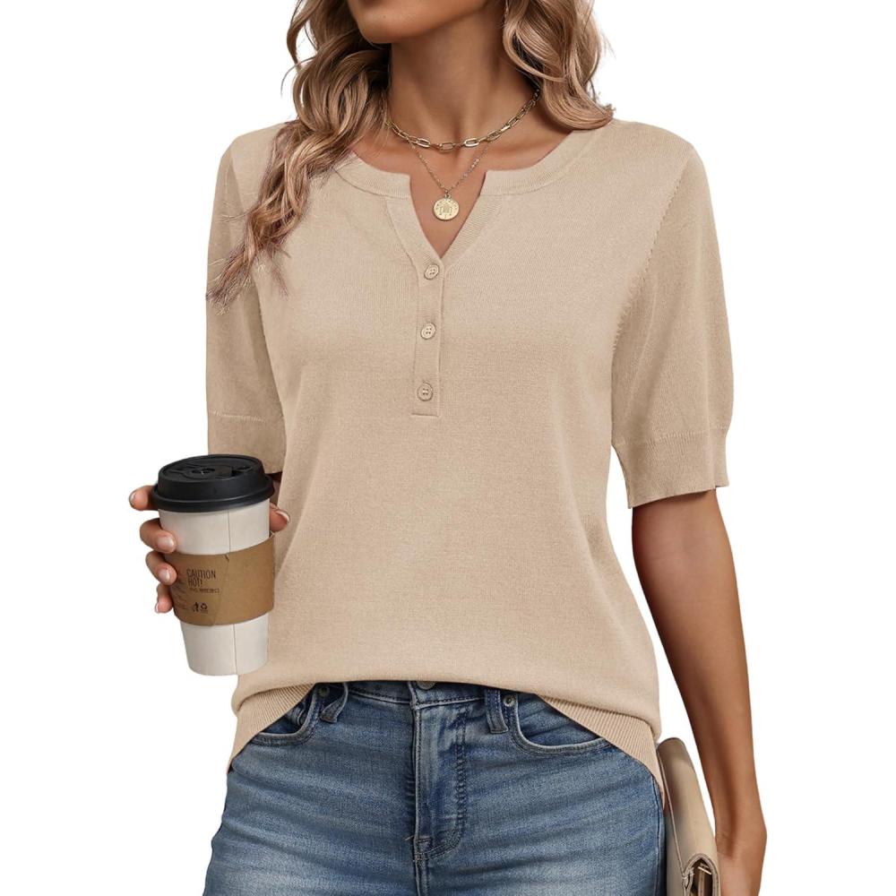 imageZeagoo Womens Short Sleeve Sweater 2026 Spring Summer Tops Lightweight Casual V Neck Sweaters Dressy Work Blouses ClothesApricot