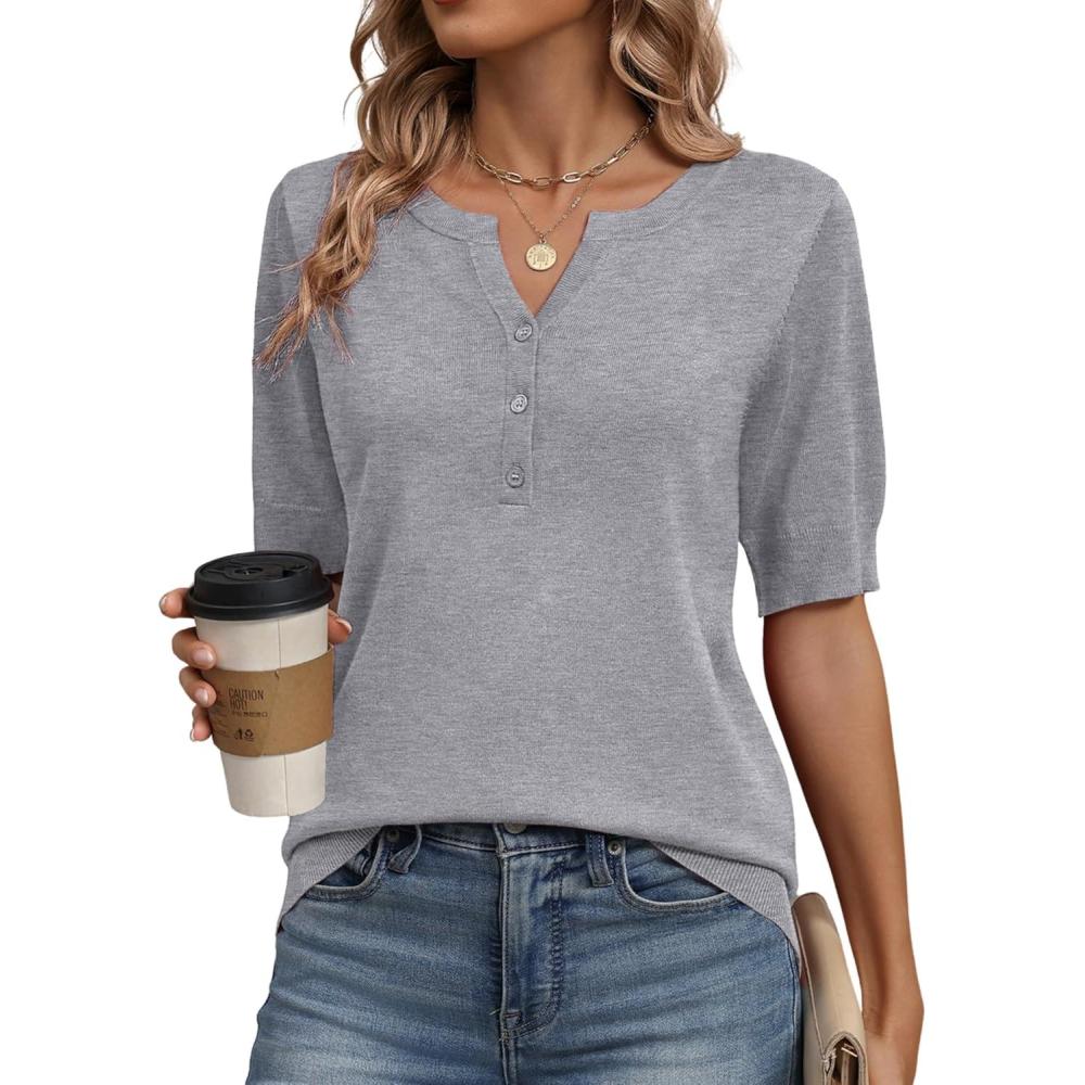 imageZeagoo Womens Short Sleeve Sweater 2026 Spring Summer Tops Lightweight Casual V Neck Sweaters Dressy Work Blouses ClothesLight Grey
