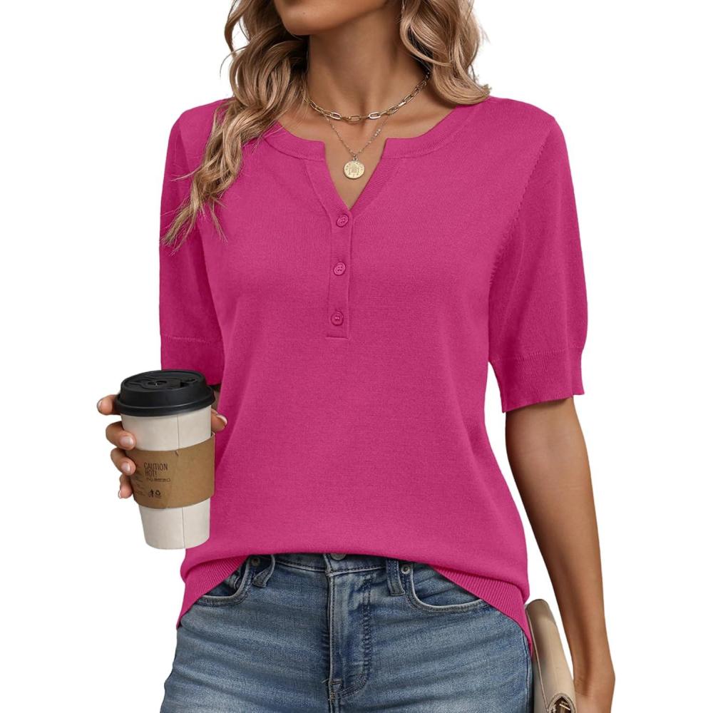 imageZeagoo Womens Short Sleeve Sweater 2026 Spring Summer Tops Lightweight Casual V Neck Sweaters Dressy Work Blouses ClothesRose Red