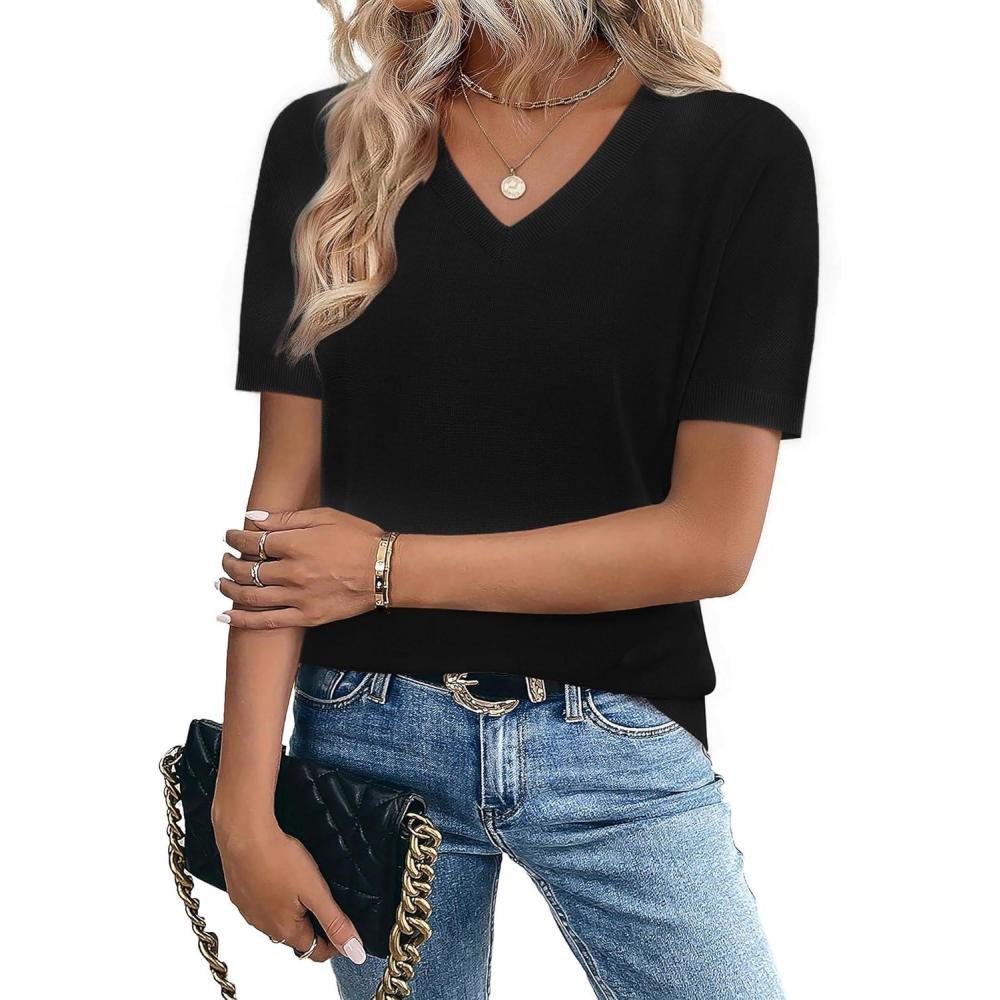 imageZeagoo Womens Short Sleeve Sweaters 2026 Summer Lightweight V Neck Pullover Tops Dressy Business Casual Blouses ClothesBlack