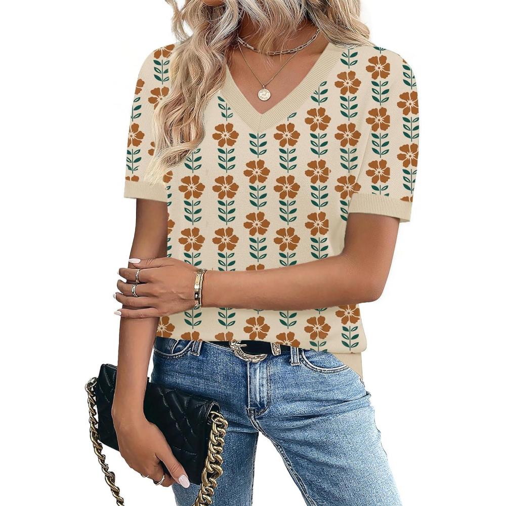 imageZeagoo Womens Short Sleeve Sweaters 2026 Summer Lightweight V Neck Pullover Tops Dressy Business Casual Blouses ClothesFloral Apricot