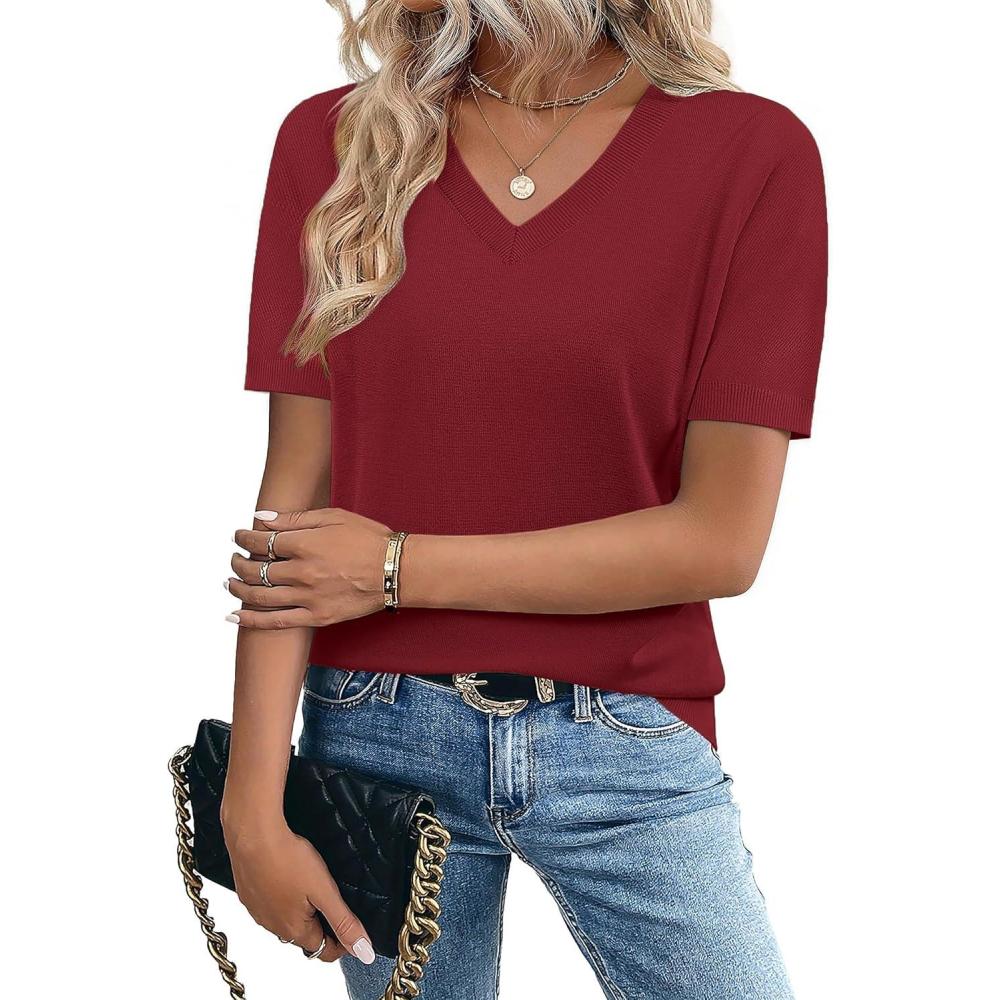 imageZeagoo Womens Short Sleeve Sweaters 2026 Summer Lightweight V Neck Pullover Tops Dressy Business Casual Blouses ClothesWine Red
