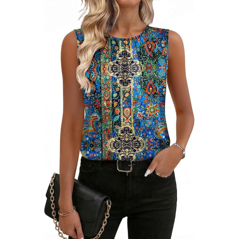 imageZeagoo Womens Silk Satin Tank Tops Crew Neck Pleated Camisole Sleeveless Business Work Blouse Dressy Casual Summer ShirtBlue Flower