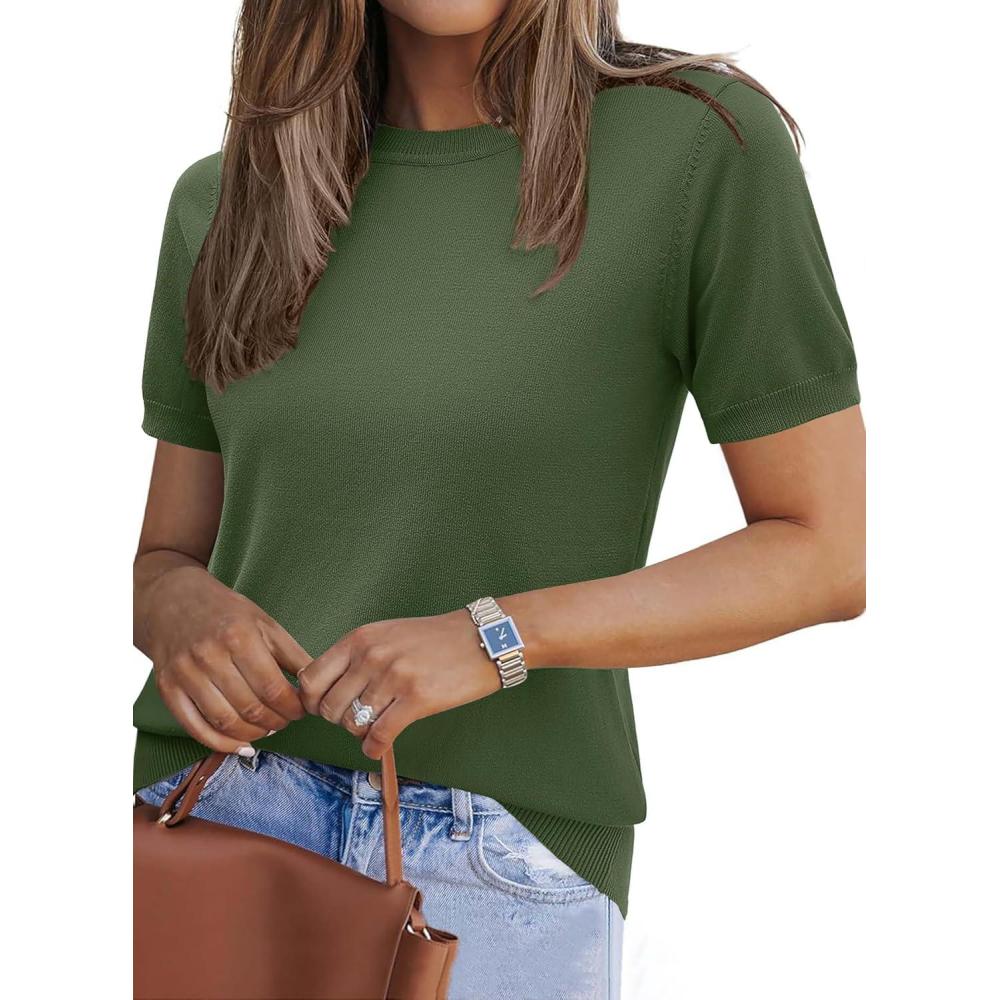 imageZeagoo Womens Summer Short Sleeve Tops Crew Neck Lightweight Pullover Sweaters Loose Dressy Casual Blouse Basic ClothesArmy Green