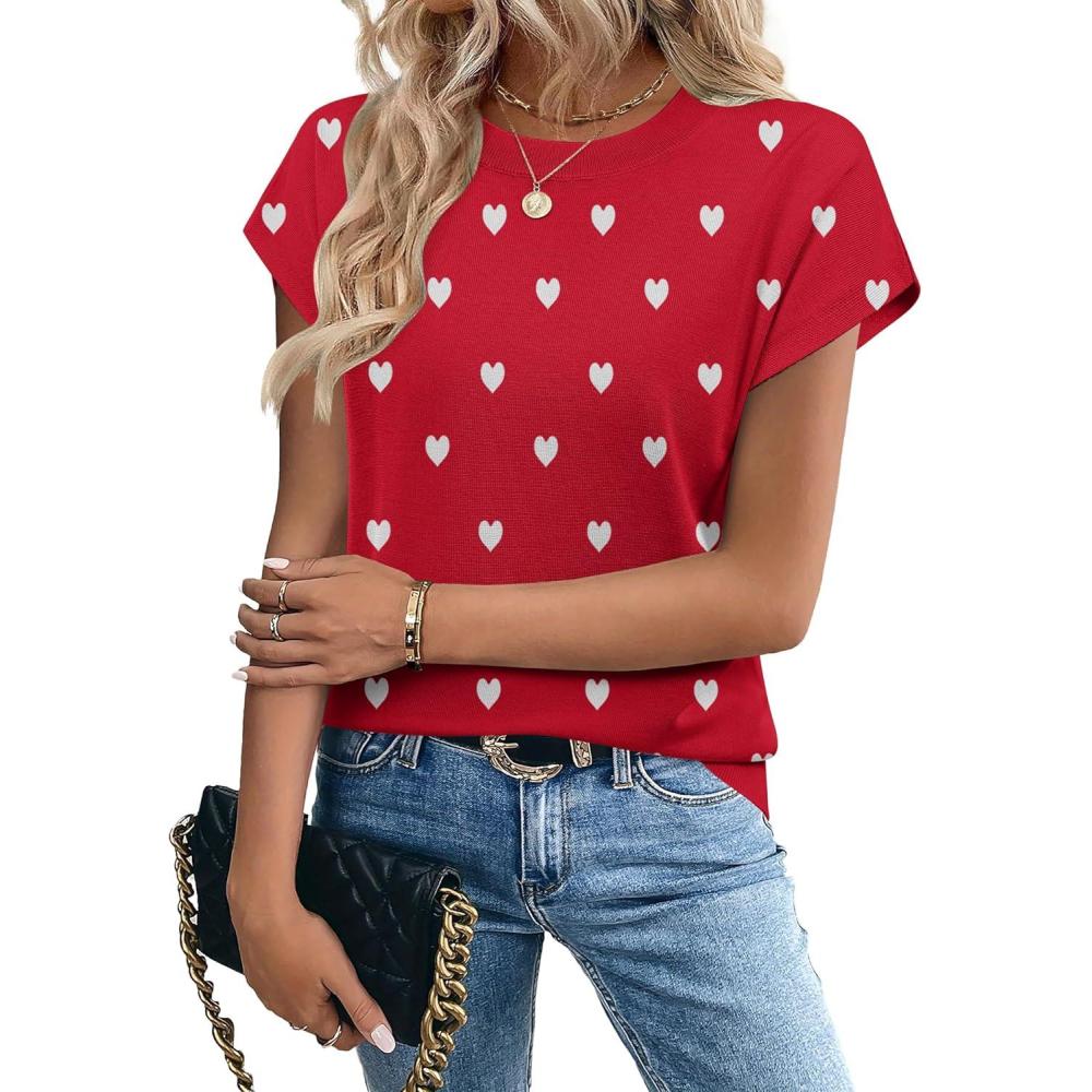imageZeagoo Womens Summer Short Sleeve Tops Crew Neck Pullover Sweaters Cap Sleeve Loose Dressy Casual Blouse Basic ClothesLove Printred Ax71
