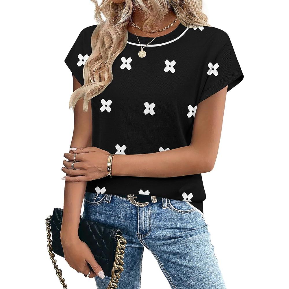 imageZeagoo Womens Summer Short Sleeve Tops Crew Neck Pullover Sweaters Cap Sleeve Loose Dressy Casual Blouse Basic ClothesWhite Floralblack Jh454