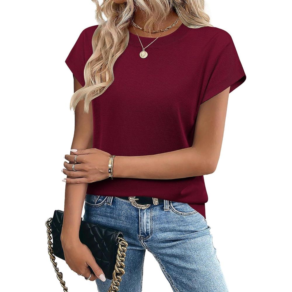 imageZeagoo Womens Summer Short Sleeve Tops Crew Neck Pullover Sweaters Cap Sleeve Loose Dressy Casual Blouse Basic ClothesWine Red
