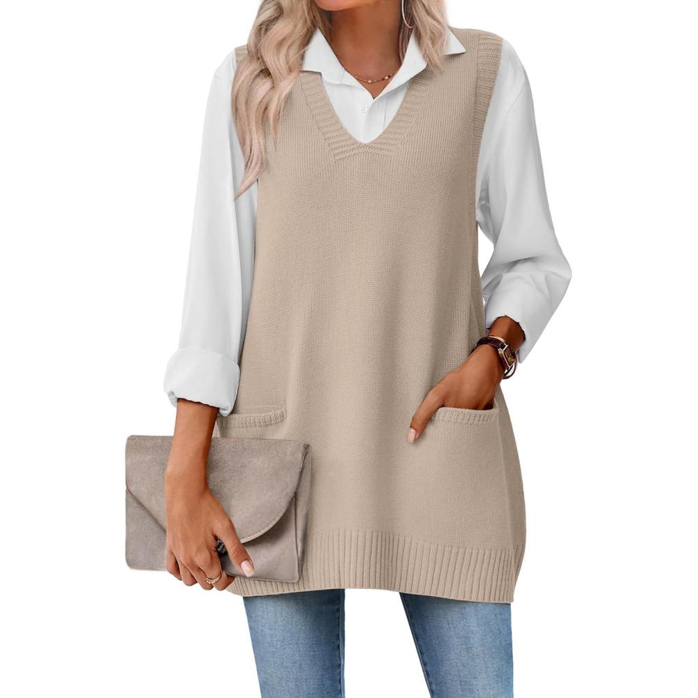 imageZeagoo Womens Sweater Vest 2026 Oversized Sleeveless V Neck Pullovers with Pocket Knitted Fall OutfitsApricot