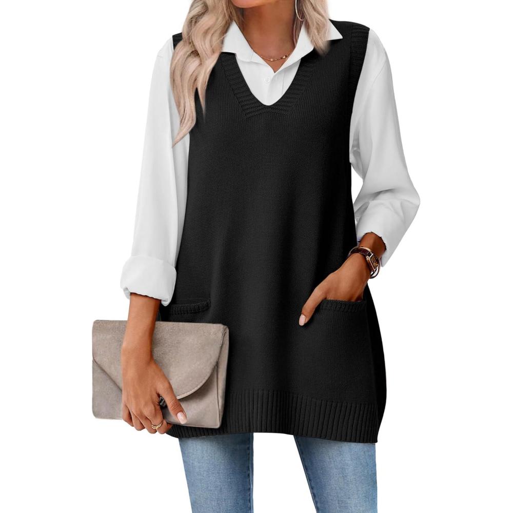 imageZeagoo Womens Sweater Vest 2026 Oversized Sleeveless V Neck Pullovers with Pocket Knitted Fall OutfitsBlack