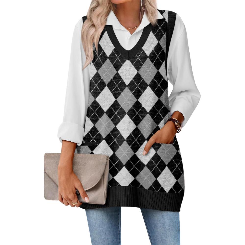 imageZeagoo Womens Sweater Vest 2026 Oversized Sleeveless V Neck Pullovers with Pocket Knitted Fall OutfitsBlack Argyle
