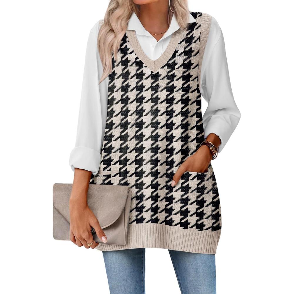 imageZeagoo Womens Sweater Vest 2026 Oversized Sleeveless V Neck Pullovers with Pocket Knitted Fall OutfitsBlack Houndstooth