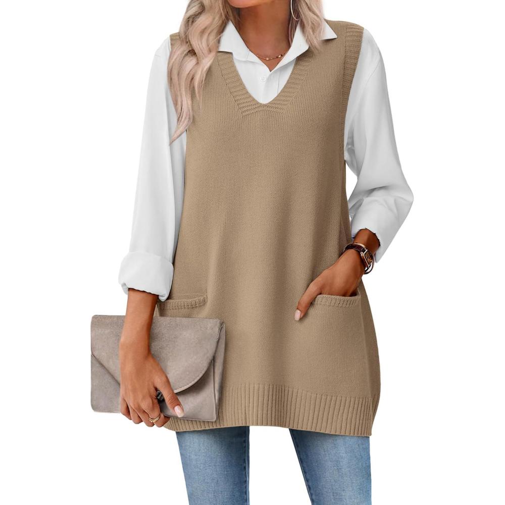 imageZeagoo Womens Sweater Vest 2026 Oversized Sleeveless V Neck Pullovers with Pocket Knitted Fall OutfitsKhaki
