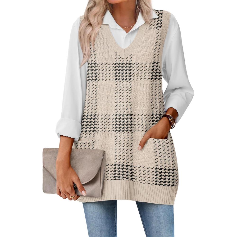 imageZeagoo Womens Sweater Vest 2026 Oversized Sleeveless V Neck Pullovers with Pocket Knitted Fall OutfitsKhaki Plaid