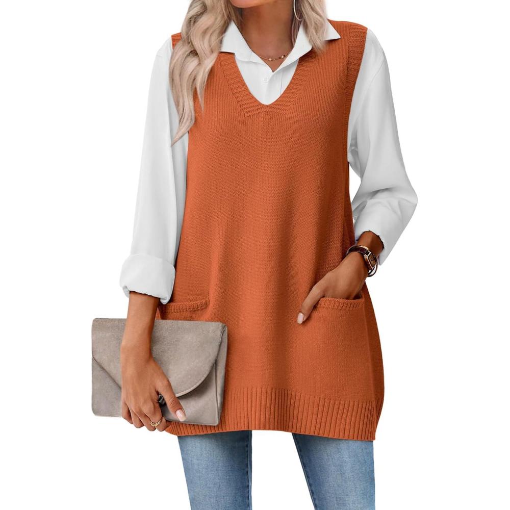 imageZeagoo Womens Sweater Vest 2026 Oversized Sleeveless V Neck Pullovers with Pocket Knitted Fall OutfitsOrange