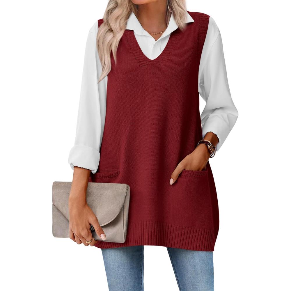 imageZeagoo Womens Sweater Vest 2026 Oversized Sleeveless V Neck Pullovers with Pocket Knitted Fall OutfitsWine Red