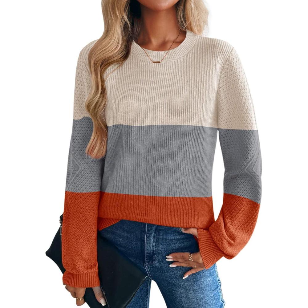 imageZeagoo Womens Sweaters 2026 Fashion Fall Tops Crew Neck Long Sleeve Knit Pullover Sweater SXXLWhite Gray Orange