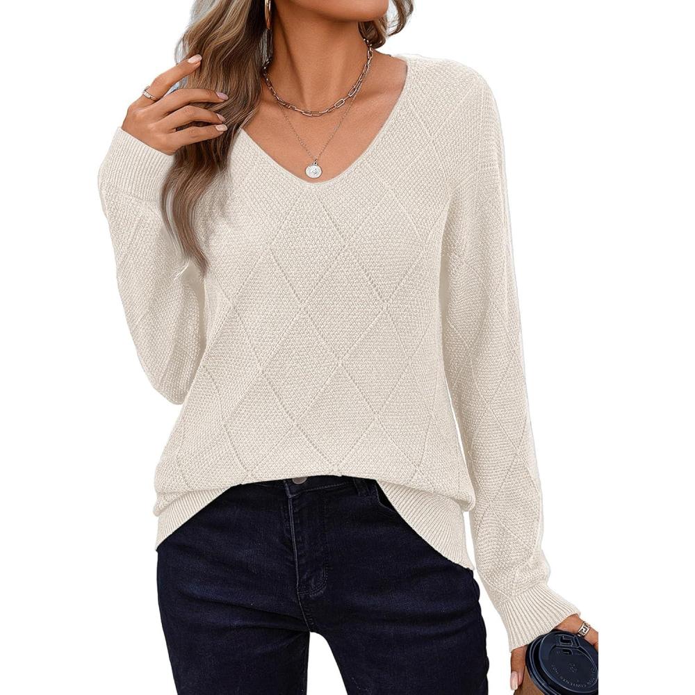 imageZeagoo Womens Sweaters Fall 2026 Long Sleeve Knit Pullover V Neck Lightweight Crochet Sweater Tops Dressy CasualBeige