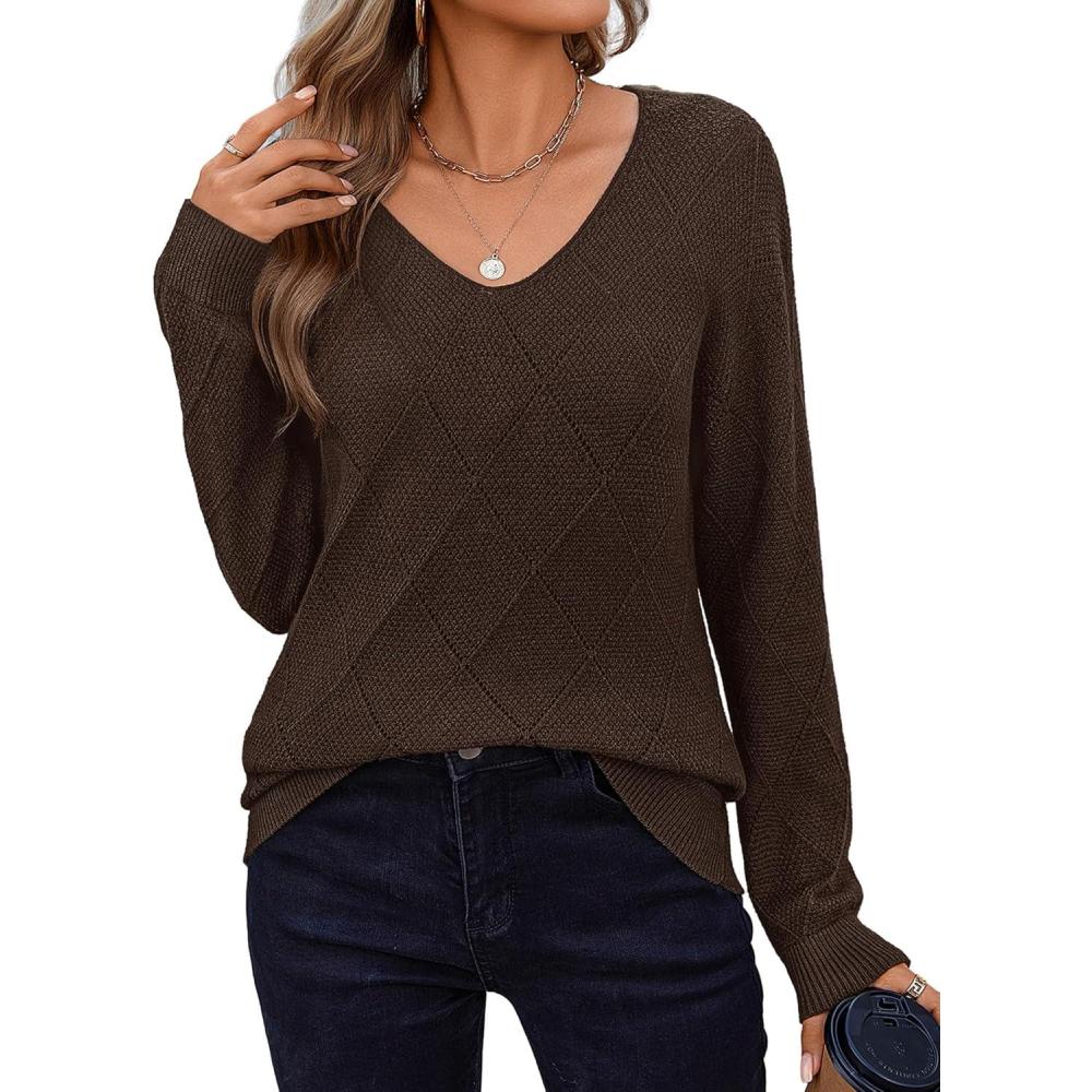 imageZeagoo Womens Sweaters Fall 2026 Long Sleeve Knit Pullover V Neck Lightweight Crochet Sweater Tops Dressy CasualBrown
