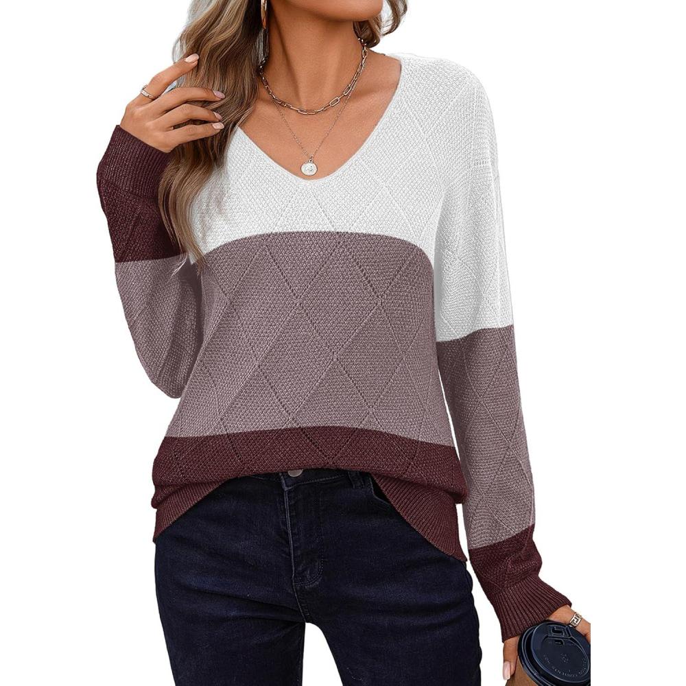 imageZeagoo Womens Sweaters Fall 2026 Long Sleeve Knit Pullover V Neck Lightweight Crochet Sweater Tops Dressy CasualColorblock Jh284