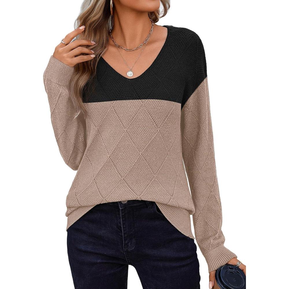 imageZeagoo Womens Sweaters Fall 2026 Long Sleeve Knit Pullover V Neck Lightweight Crochet Sweater Tops Dressy CasualColorblock Jh395