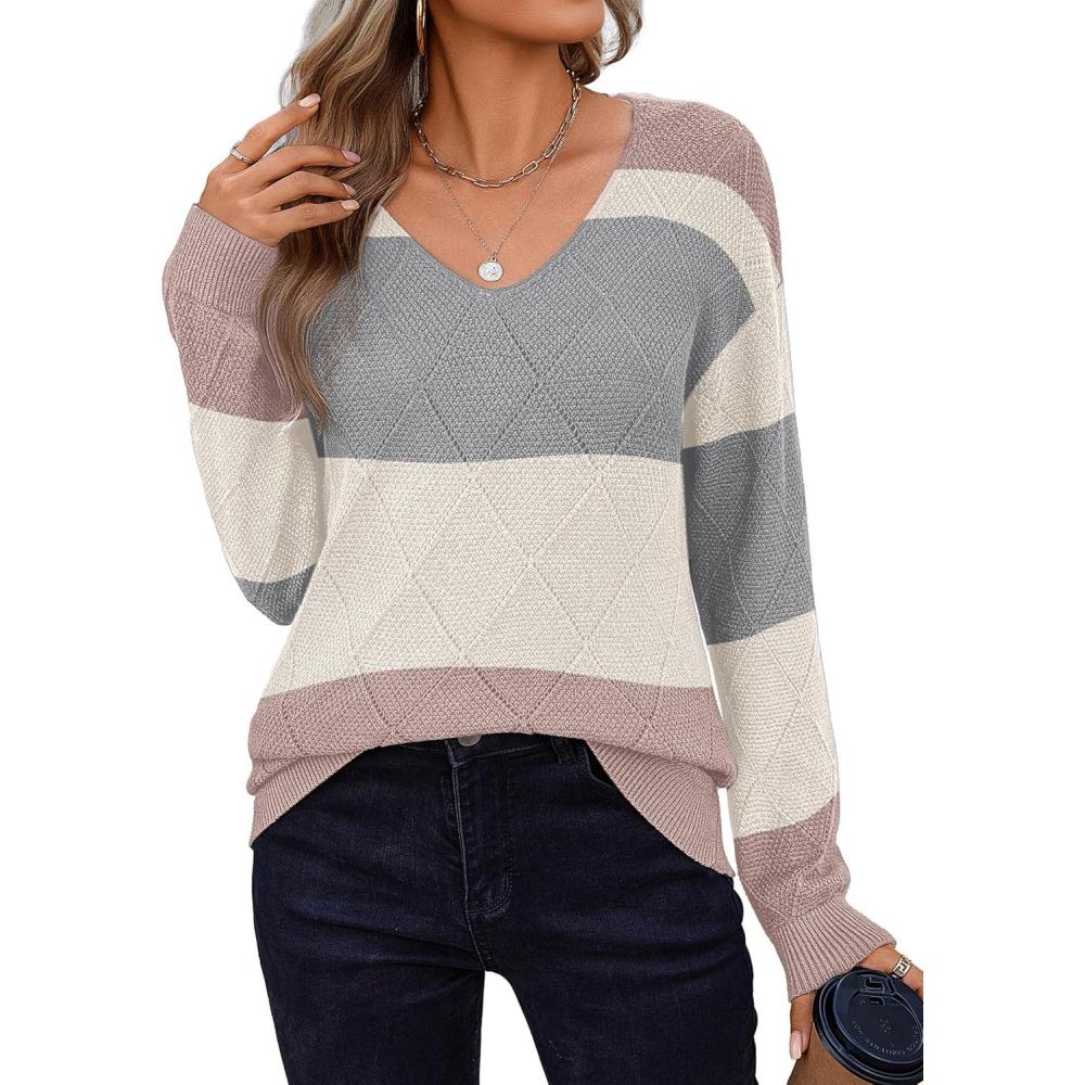 imageZeagoo Womens Sweaters Fall 2026 Long Sleeve Knit Pullover V Neck Lightweight Crochet Sweater Tops Dressy CasualColorblock Jh537