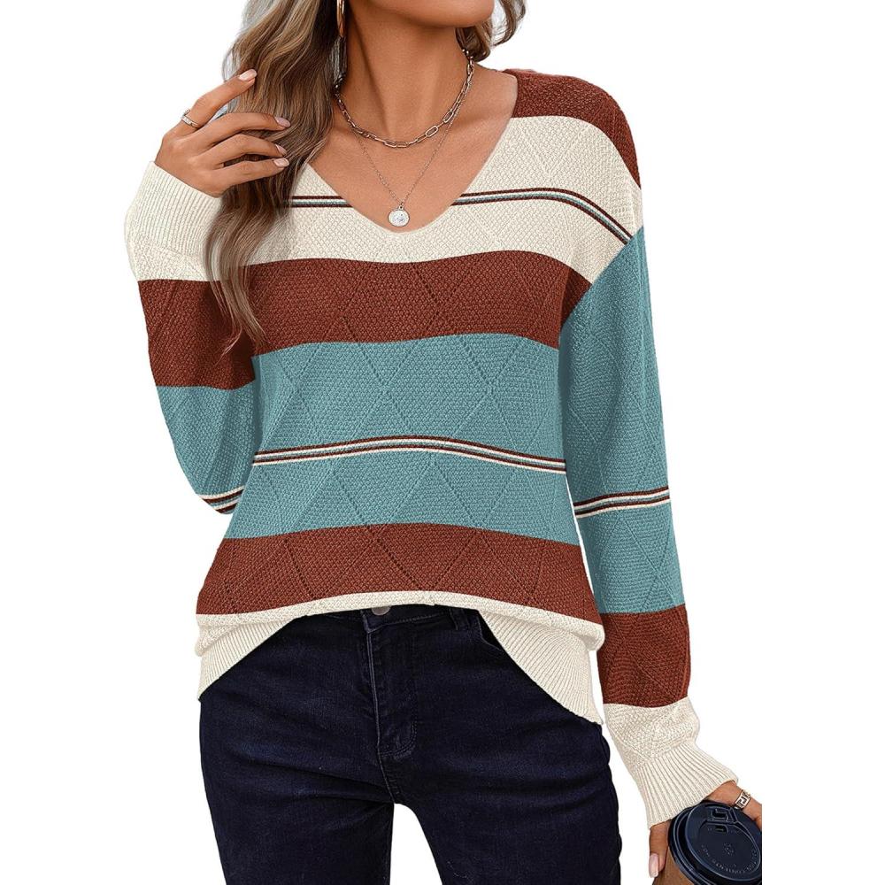 imageZeagoo Womens Sweaters Fall 2026 Long Sleeve Knit Pullover V Neck Lightweight Crochet Sweater Tops Dressy CasualColorblock Tz163