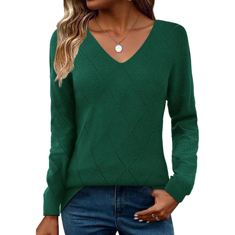imageZeagoo Womens Sweaters Fall 2026 Long Sleeve Knit Pullover V Neck Lightweight Crochet Sweater Tops Dressy CasualGray Green