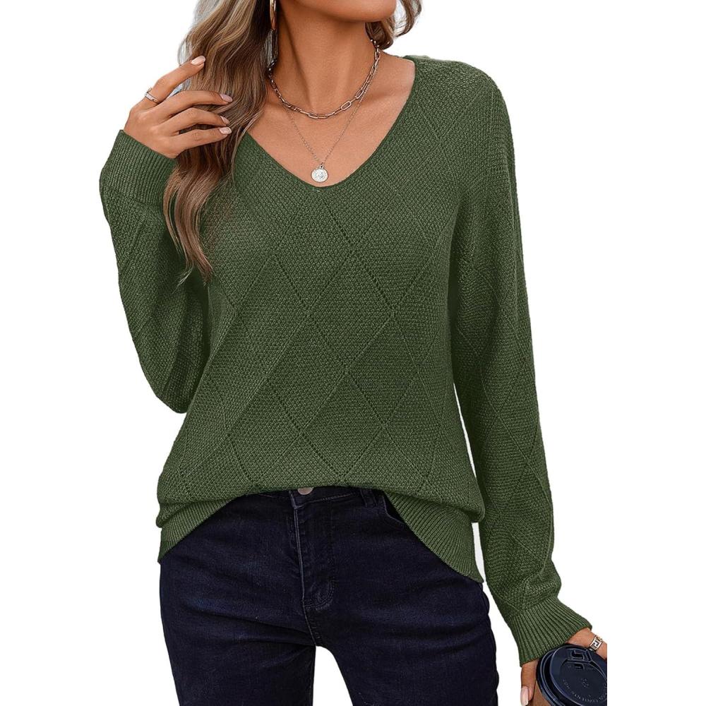 imageZeagoo Womens Sweaters Fall 2026 Long Sleeve Knit Pullover V Neck Lightweight Crochet Sweater Tops Dressy CasualGreen