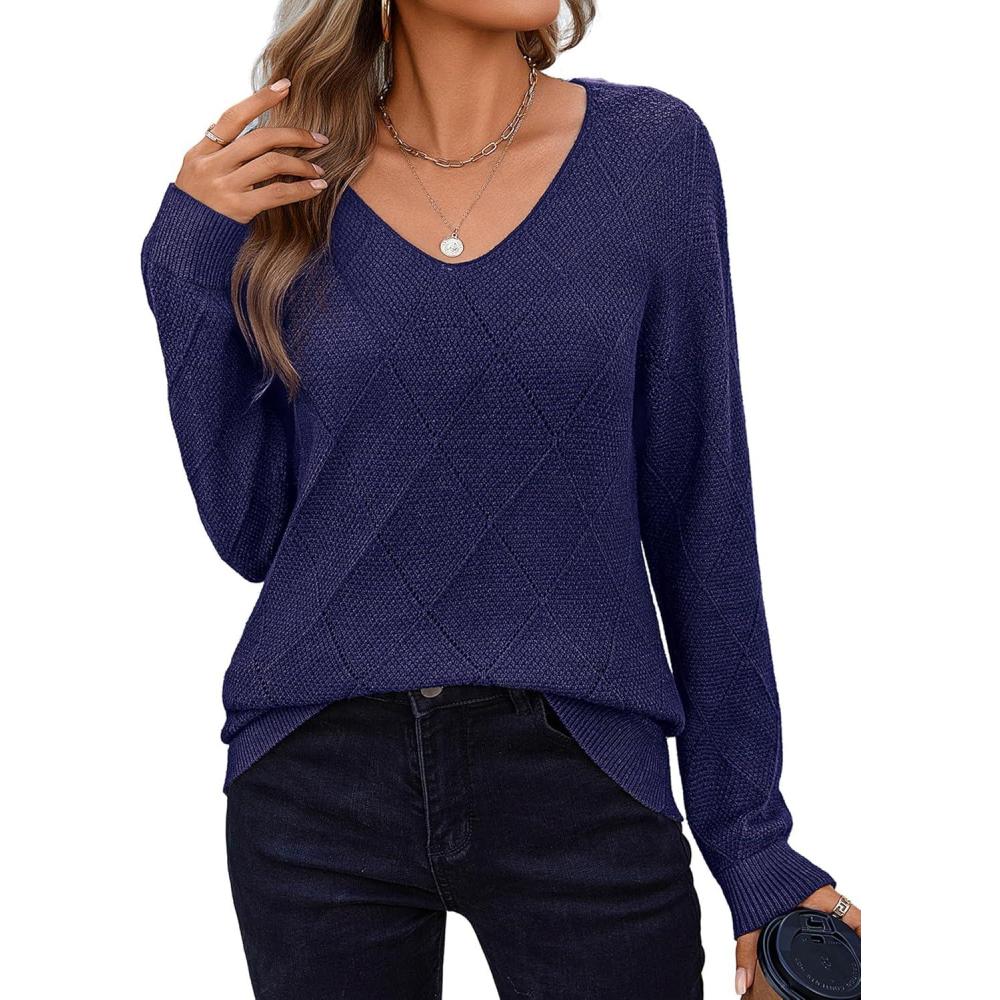 imageZeagoo Womens Sweaters Fall 2026 Long Sleeve Knit Pullover V Neck Lightweight Crochet Sweater Tops Dressy CasualNavy Blue