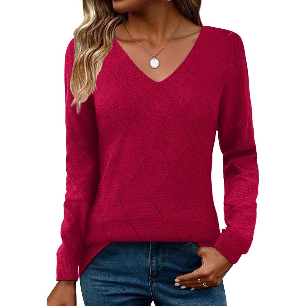 imageZeagoo Womens Sweaters Fall 2026 Long Sleeve Knit Pullover V Neck Lightweight Crochet Sweater Tops Dressy CasualRed
