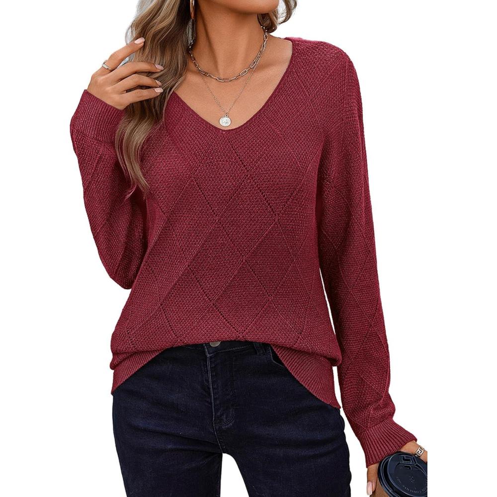 imageZeagoo Womens Sweaters Fall 2026 Long Sleeve Knit Pullover V Neck Lightweight Crochet Sweater Tops Dressy CasualWine Red
