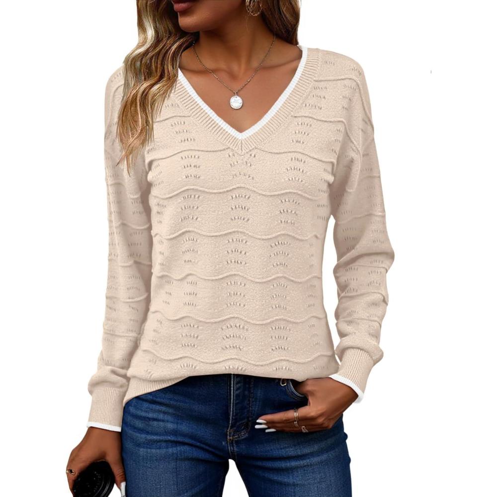imageZeagoo Womens Sweaters Fall Casual Long Sleeve V Neck Shirts Lightweight Crochet Ribbed Knit Pullover Tops OutfitsApricot