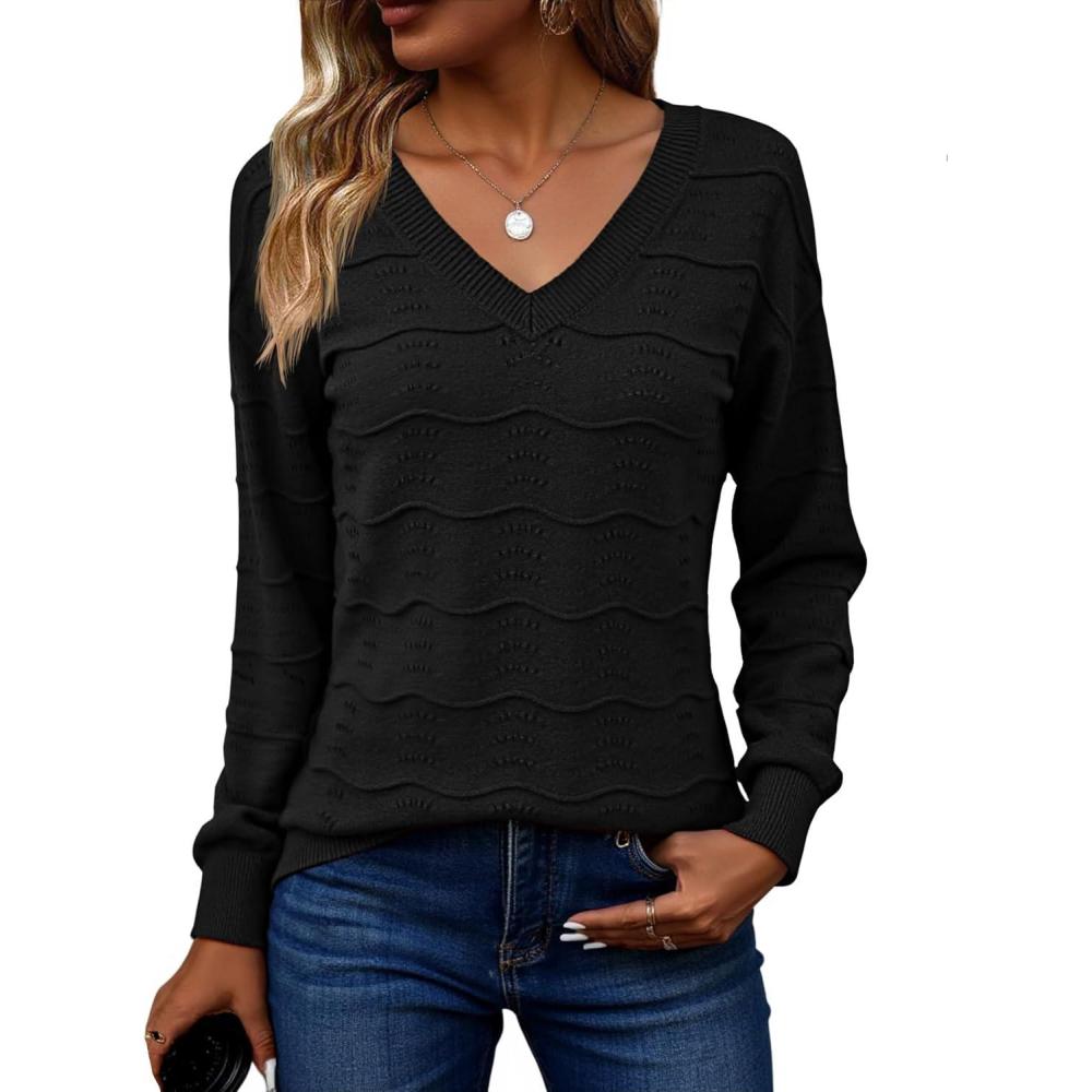 imageZeagoo Womens Sweaters Fall Casual Long Sleeve V Neck Shirts Lightweight Crochet Ribbed Knit Pullover Tops OutfitsBlack