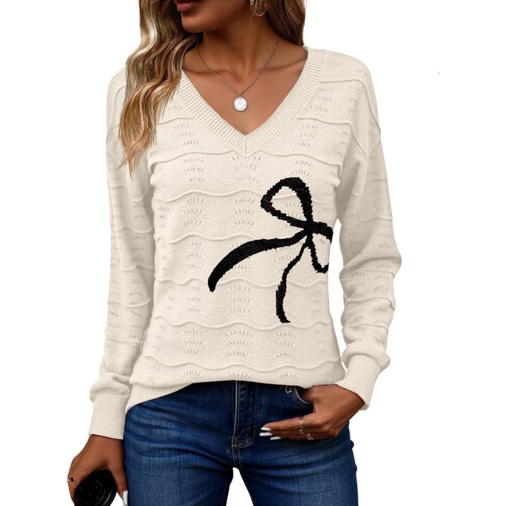 imageZeagoo Womens Sweaters Fall Casual Long Sleeve V Neck Shirts Lightweight Crochet Ribbed Knit Pullover Tops OutfitsBow