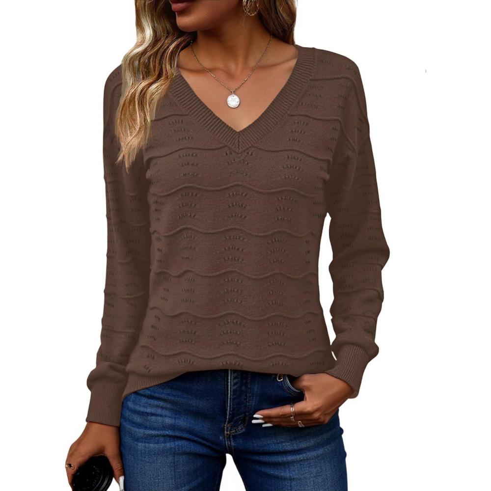 imageZeagoo Womens Sweaters Fall Casual Long Sleeve V Neck Shirts Lightweight Crochet Ribbed Knit Pullover Tops OutfitsBrown