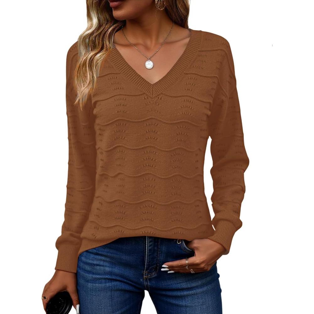 imageZeagoo Womens Sweaters Fall Casual Long Sleeve V Neck Shirts Lightweight Crochet Ribbed Knit Pullover Tops OutfitsCaramel