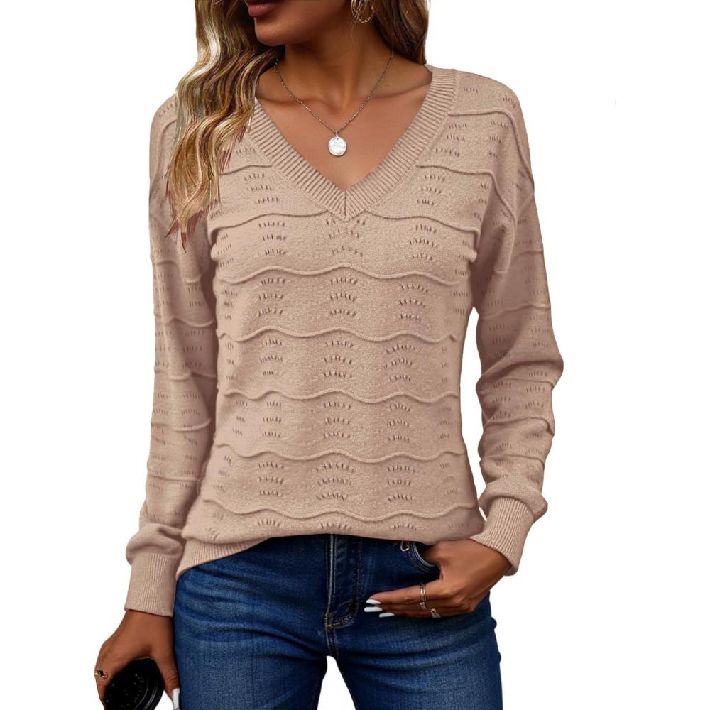imageZeagoo Womens Sweaters Fall Casual Long Sleeve V Neck Shirts Lightweight Crochet Ribbed Knit Pullover Tops OutfitsKhaki