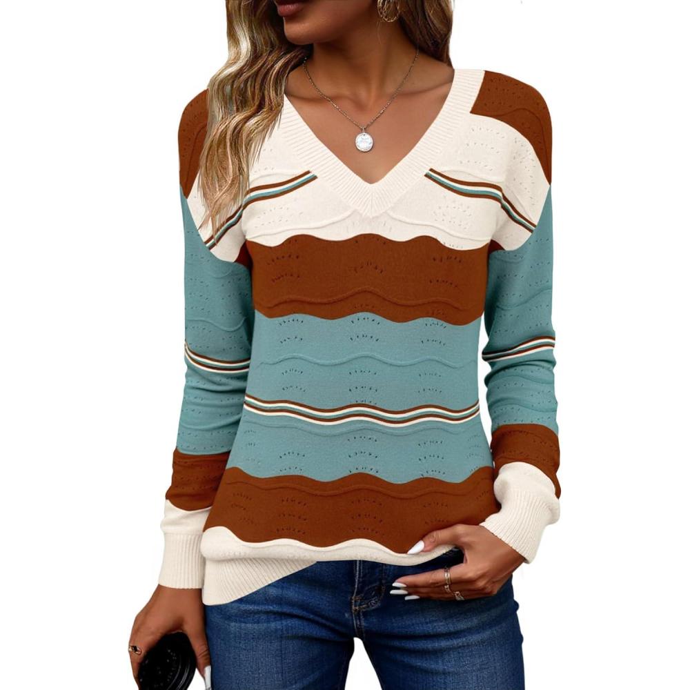 imageZeagoo Womens Sweaters Fall Casual Long Sleeve V Neck Shirts Lightweight Crochet Ribbed Knit Pullover Tops OutfitsLake Blue Colorblock