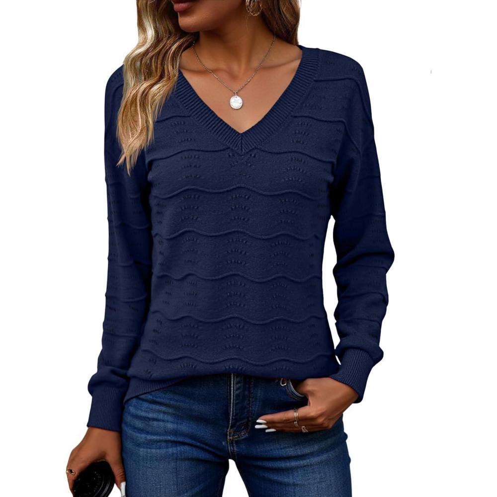imageZeagoo Womens Sweaters Fall Casual Long Sleeve V Neck Shirts Lightweight Crochet Ribbed Knit Pullover Tops OutfitsNavy Blue