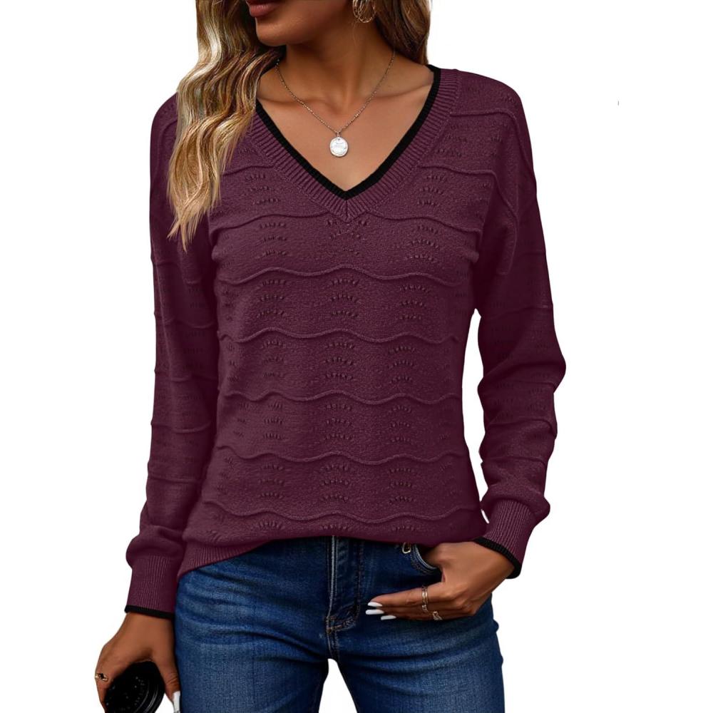 imageZeagoo Womens Sweaters Fall Casual Long Sleeve V Neck Shirts Lightweight Crochet Ribbed Knit Pullover Tops OutfitsPurple