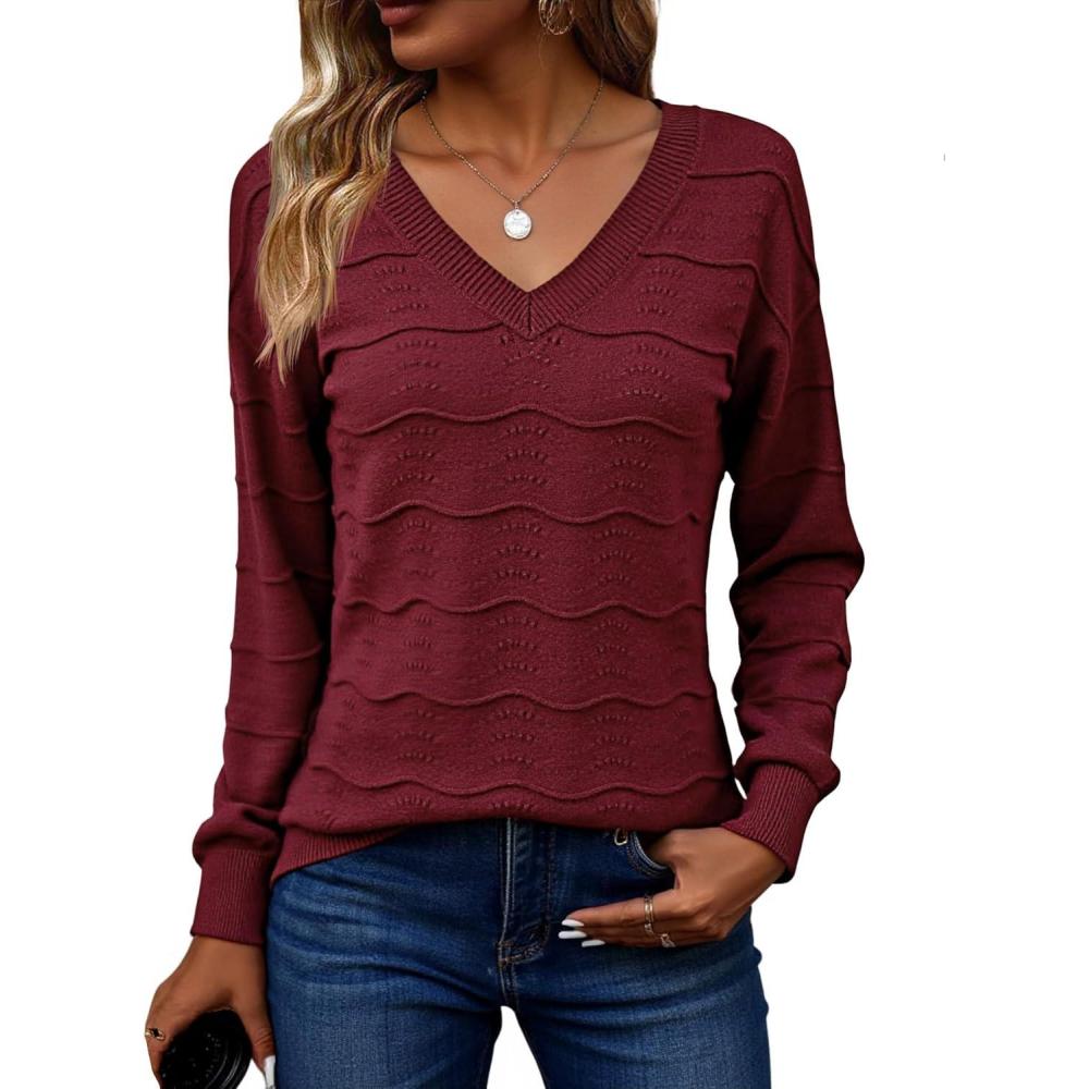 imageZeagoo Womens Sweaters Fall Casual Long Sleeve V Neck Shirts Lightweight Crochet Ribbed Knit Pullover Tops OutfitsWine Red