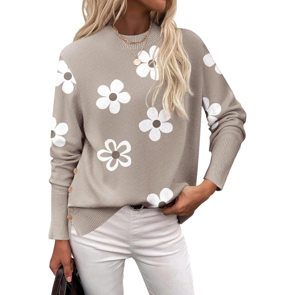imageZeagoo Womens Sweaters Loose Knit Side Button 2025 Fall Fashion Trendy Casual Pullover Tops ClothesKhaki Flower