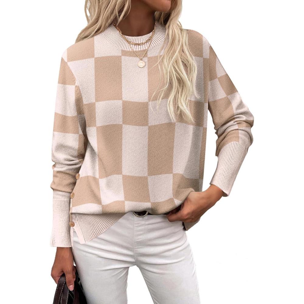 imageZeagoo Womens Sweaters Loose Knit Side Button 2025 Fall Fashion Trendy Casual Pullover Tops ClothesKhakiplaid